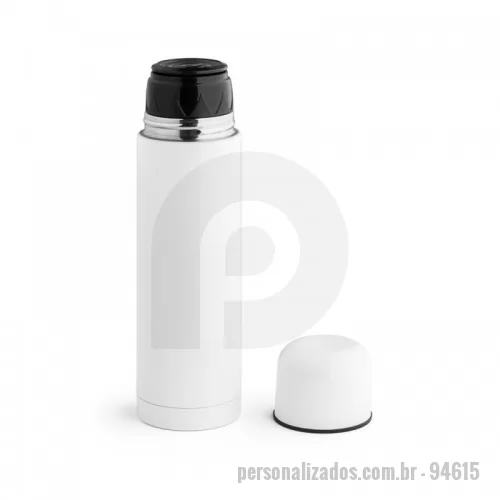 Garrafa térmica personalizada - Garrafa em aço inox com parede dupla isolada a vácuo (térmico). Capacidade até 500 mL. Food grade. Preserva as bebidas quentes por 12h e frias por 24h. Fornecida em caixa branca.