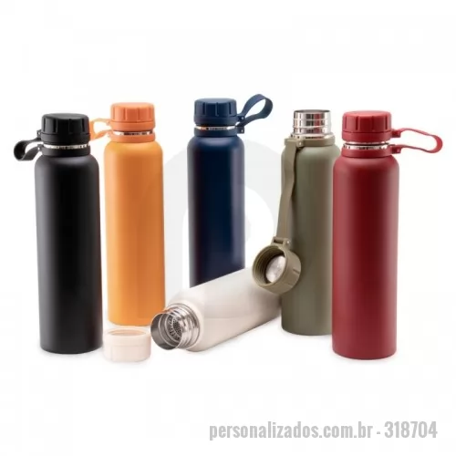 Garrafa térmica personalizada - Garrafa térmica aço inox 304 com parede dupla. Capacidade 1 litro. Contém base antiderrapante e alça de silicone acoplada na tampa. Pode ser utilizada com líquidos quentes ou frios. ø80 x 314 mm. Mantém as bebidas quentes por até 12 horas e bebidas frias por até 24 horas. Produto de alta qualidade.