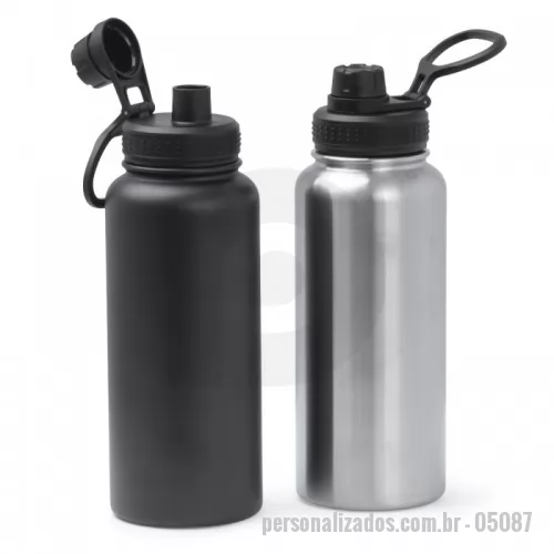 Garrafa térmica personalizada - Garrafa térmica com capacidade de 1 litro em inox com parede dupla, contém tampa plástica rosqueável com bocal e alça para transporte acoplados.