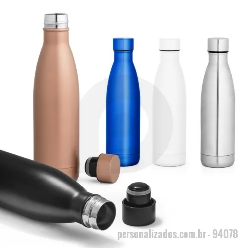 Garrafa térmica personalizada - Garrafa térmica 500 mL (térmico) 94078 Squeeze em aço inox com parede dupla e tampa com sistema de vácuo (térmico). Capacidade até 500 mL.  Mantém as bebidas quentes por 8h e frias por 24h. Food grade. Fornecido em caixa branca. ø67 x 255 mm | Caixa: 75 x 75 x 275 mm   FABRICAMOS A MEDIDA QUE PRECISAR!   PRODUTO VENDIDO COM E SEM PERSONALIZAÇÃO consulte vendedor.  TEMOS MAIS DE 60 MIL OPÇÕES DE BRINDES PERSONALIZADOS CONSULTE-NOS. COMPRE TAMBÉM NO ATACADO EM MAIORES QUANTIDADES COM MELHOR PREÇO.  * PRODUTO SUJEITO À DISPONIBILIDADE DE ESTOQUE * APÓS A SUA COMPRA SOLICITE ORÇAMENTO PARA PERSONALIZAÇÃO E VERIFIQUE O PRAZO DE ENTREGA. * COMPRE TAMBÉM PRODUTOS JÁ PERSONALIZADOS! * TRABALHAMOS COM SILK - LASER - TAMPOGRAFIA - ULTRA VIOLETA - TRANSFER - SUBLIMAÇÃO - DECALQUE E RELEVO. * PRODUTOS PERSONALIZADOS PERDEM A GARANTIA DE TROCA  TENDO A NECESSIDADE DE PERSONALIZAÇÃO ENVIAR O LOGO NO MESMO DIA DA COMPRA PARA NÃO HAVER ATRASOS NO SEU PEDIDO!!!  Para quantidades maiores ou menores e co