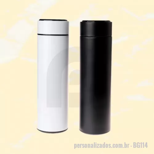 Garrafa térmica personalizada - Garrafa térmica em aço inox, parede dupla, isolante a vácuo, 500ml, tampa e termômetro dígital com bateria substituível.