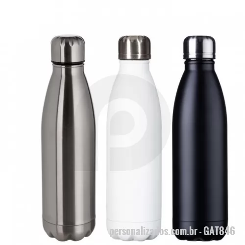 Garrafa térmica personalizada - Garrafa térmica 500ml em inox com parede dupla. Altura :  26,3 cm Largura :  6,8 cm Circunferência :  22,2 cm Medidas aproximadas para gravação (CxL):  11 cm x 4 cm Peso aproximado (g):  289