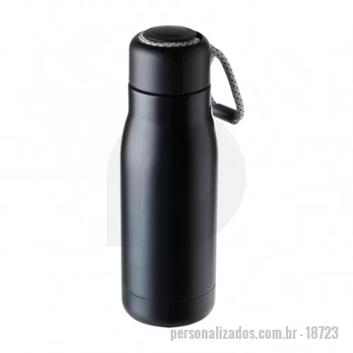 Garrafa térmica personalizada - Garrafa térmica com capacidade de 420ml feita em inox 304 com parede dupla. Tampa plástica com corda para transporte embutida.