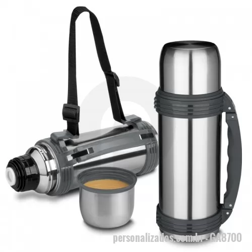 Garrafa térmica personalizada - Garrafa térmica em aço inox com parede dupla isolada a vácuo,com capacidade de até 1,2l. Além de garantir a temperatura ideal do líquido por horas, é muito fácil de ser transportada por sua alça lateral plástica, que torna o uso desse potente recipiente muito mais simples. Tampa rosqueável e anel de silicone para vedação na tampa.