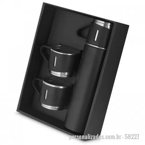 Garrafa térmica personalizada - 1 garrafa térmica em aço inox com parde dupla isolada a vácuo com capacidade para 500ml;  3 canecas com alça de 100ml;  A caixa e a sacola do kit são na cor preta, a embalagem é presentável.