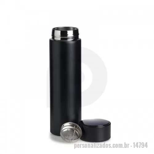 Garrafa térmica personalizada - Garrafa térmica de parede dupla em inox, capacidade de 400ml. Tampa com display touch screen de temperatura em led, acompanha infusor de bebidas.