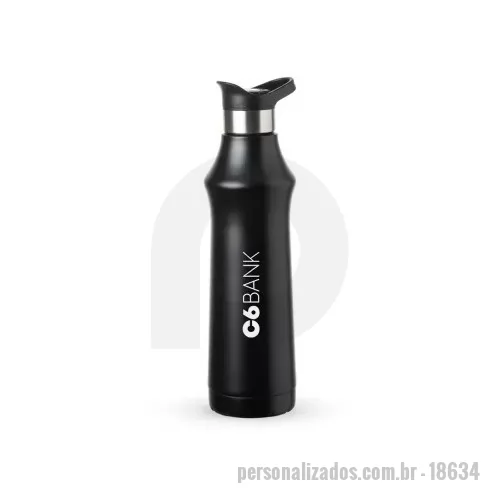 Garrafa térmica personalizada - Garrafa térmica 500ml em inox. Tampa plástica com alça para transporte e botão de acionamento (basta um clique para abrir ou fechar). Altura: 27cm. Personalização em Silkscreen ou à Laser.