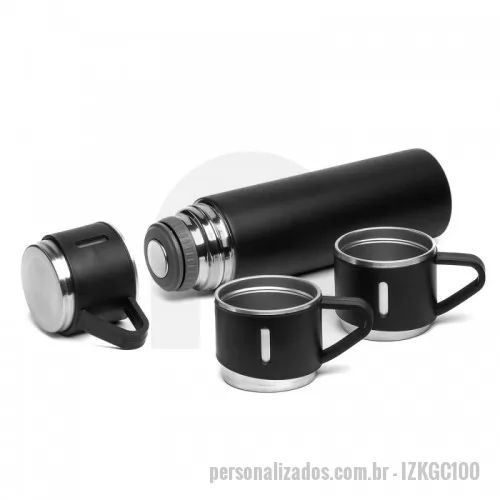 Garrafa térmica personalizada - Kit Garrafa e copo ideal para cafés, chás e dividir a bebida para mais pessoas, Acompanha:1 garrafa térmica em aço inox com parede dupla isolada a vácuo com capacidade para 500ml; 3 canecas com alça de 100ml, A caixa e a sacola do kit são na cor preta