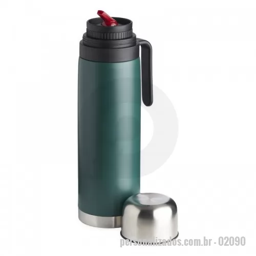 Garrafa térmica personalizada - Garrafa térmica 1 litro em inox com alça plástica preta. Possui tampa rosqueável, tampa interna rosqueável com bico plástico vermelho.  Altura :  30 cm  Largura :  10,9 cm  Circunferência :  27,7 cm  Medidas aproximadas para gravação (CxL):  21,5 cm x 7 cm  Peso aproximado (g):  601