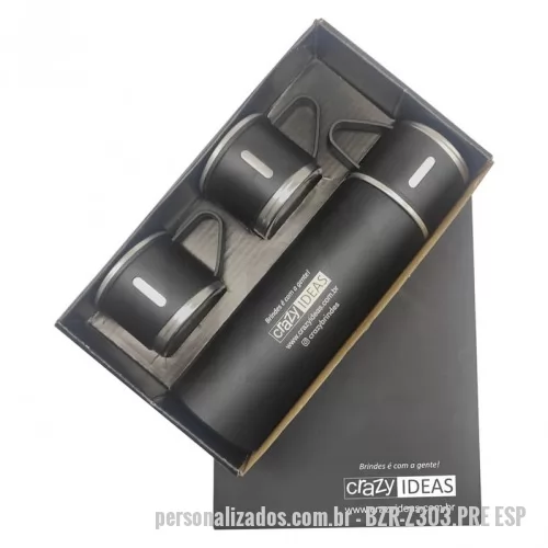 Garrafa térmica personalizada - KIT COM GARRAFA TÉRMICA EM METAL PAREDE DUPLA 390ML +  3 CANECAS