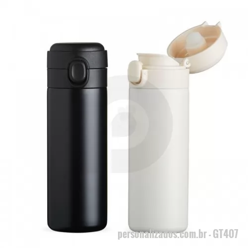 Garrafa térmica personalizada - Garrafa térmica em inox com parede dupla, capacidade de 410ml. Tampa com botão central para abertura e borracha interna para vedação.