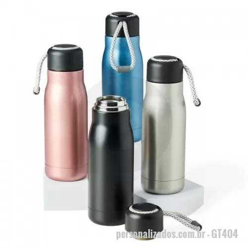 Garrafa térmica personalizada - Garrafa térmica com capacidade de 420ml feita em inox 304 com parede dupla. Tampa plástica com corda para transporte embutida.