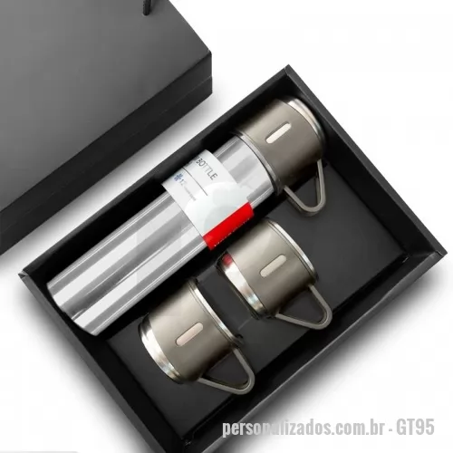 Garrafa térmica personalizada - Garrafa térmica personalizada em metal com parede dupla e com pintura texturizada, tampa com clique para abertura feita em plástico com silicone e três xícaras em metal com acabamento em plástico que são rosqueáveis na garrafa. Ideal para divulgar sua empresa em eventos corporativos, brindes personalizados e campanhas promocionais.