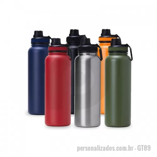 Garrafa térmica personalizada - Garrafa térmica personalizada, feita em material inox com parede dupla livre de BPA. Possui capacidade de até 1,2 litros. Conta também uma tampa com alça para transporte e tampa de proteção para o bocal. Ideal para divulgar sua empresa em eventos corporativos, brindes personalizados e campanhas promocionais.