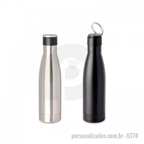 Garrafa térmica personalizada - Garrafa térmica em aço inox isolada a vácuo com parede dupla, tampa de plástico com alça de transporte de aço inoxidável. Com capacidade de até 500ml.