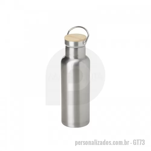 Garrafa térmica personalizada -  Garrafa térmica feita em inox com parede dupla, capacidade de 500ml. Tampa com acabamento em bambu e alça para transporte. Ideal para brindes promocionais e eventos corporativos.