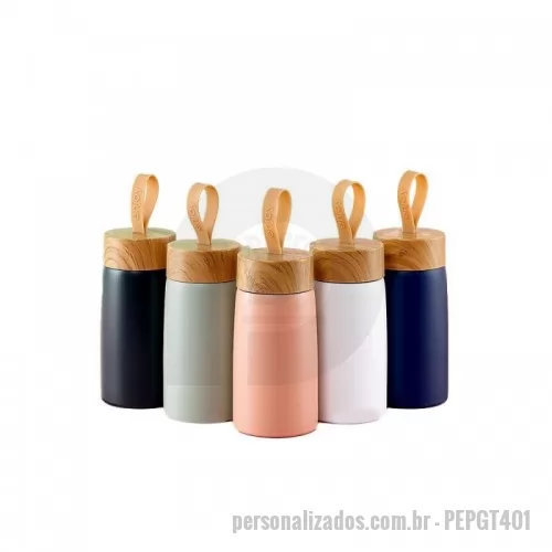 Garrafa térmica personalizada - Garrafa inox 304 com parede dupla, capacidade de 250ml. Contém tampa plástica com design de bambu e alça de silicone para transporte.