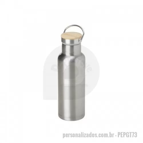 Garrafa térmica personalizada -  Garrafa térmica feita em inox com parede dupla, capacidade de 500ml. Tampa com acabamento em bambu e alça para transporte. Ideal para brindes promocionais e eventos corporativos.