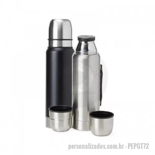 Garrafa térmica personalizada -  Garrafa térmica de inox com parede dupla e tampa dupla, capacidade de 1 litro. Com alça plástica para transporte, a garrafa contém duas tampas utilizáveis como copos.