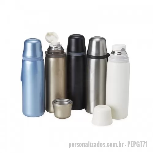 Garrafa térmica personalizada - Garrafa térmica feita em inox com parede dupla, capacidade de 850ml. Com alça emborrachada para transporte, a garrafa contém filtro infusor, tampa com botão de acionamento e tampa externa utilizável como copo.