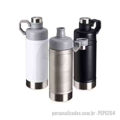 Garrafa térmica personalizada - Garrafa térmica de parede dupla em inox, capacidade de 500ml. Tampa principal com bocal e tampa protetora com alça de transporte acoplada.