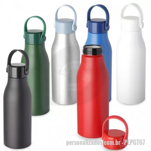 Garrafa térmica personalizada - Garrafa em alumínio, tampa em plástico com alça na cor do produto. Capacidade de 550ml, pintura fosca. Ideal para academias, práticas esportivas, brindes promocionais e eventos corporativos.