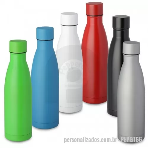 Garrafa térmica personalizada - Garrafa térmica em aço inox com parede dupla isolada à vácuo, com tampa de inox na cor do produto e anel de silicone para vedação. Capacidadede até 500ml, pintura fosca.