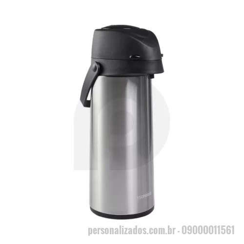 Garrafa térmica personalizada - Garrafa térmica de aço inox, com acionamento por bomba de pressão. Possui alça para transporte, ampola de vidro e bomba com trava que evita acionamento acidental. Eficiência térmica: 8h para quente e 12h para frio