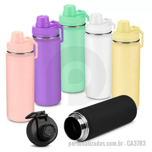 Garrafa térmica personalizada - Garrafa térmica em aço inox com parede dupla com capacidade de até 570 ml. Tampa rosqueável, alça em plástico e anel de silicone para vedação. Design com frisos na tampa e pintura pó.