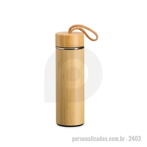 Garrafa térmica personalizada -  Garrafa térmica de bambu e inox 400 ml e infusor de metal. Contém tampa rosqueável de bambu e alça de tecido embutida.