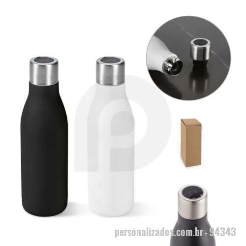Garrafa térmica personalizada - Garrafa com filtro em aço inox parede dupla térmica, isolada a vácuo. Garrafa com sistema de auto-sanitização UV que inativa vírus e bactérias que estejam na sua garrafa, tornando a sua bebida mais segura. Capacidade até 500 mL. Preserva as bebidas quentes por 5h e frias por 15h, aproximadamente. ø72 x 243 mm | Caixa: 78 x 270 x 78 mm