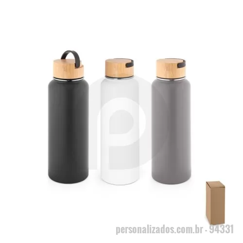 Garrafa térmica personalizada - Garrafa em aço inox (90% reciclado) de parede dupla térmica, isolada a vácuo. Parede com revestimento em pó oferecendo mais durabilidade e resistência. Tampa em bambu com pega em plástico que facilita o transporte. Grande capacidade até 1.2 L.