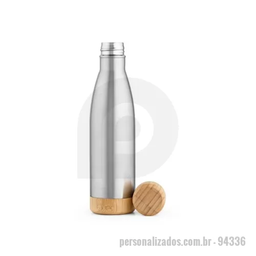 Garrafa térmica personalizada - Garrafa em aço inox (90% reciclado) de parede dupla térmica, isolada a vácuo. Com tampa e base em bambu. Capacidade até 550 mL. Fornecido em caixa presente kraft. Certificação EU Food Grade. A cor e o resultado da impressão nos materiais naturais pode variar entre produtos. ø71 x 272 mm