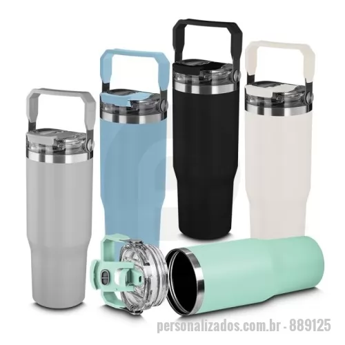Garrafa térmica personalizada - Garrafa térmica em aço inox com parede dupla com capacidade de até 950ml,tampa rosqueável com alça em plástico, permite-se hidratar por canudo ou bico,com e anel de silicone para vedação.