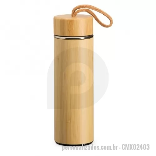 Garrafa térmica personalizada - Garrafa térmica de bambu e inox 400 ml e infusor de metal. Contém tampa rosqueável de bambu e alça de tecido embutida.