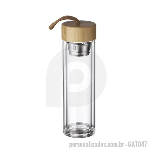 Garrafa térmica personalizada - Garrafa Squeeze Vidro com Infusor e Tampa de Bambu