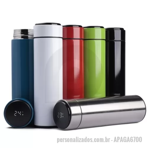 Garrafa térmica personalizada - Garrafa térmica em aço inox com parede dupla isolada a vácuo, com capacidade até 450ml com infusor. Tampa rosqueável com anel de silicone para vedação. Display LED com termômetro digital na tampa para indicar a temperatura do líquido, Conserva líquido quente por até 12 horas e líquido frio até 18 horas. 