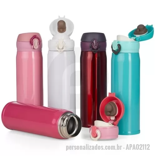 Garrafa térmica personalizada - Garrafa térmica de 400ml de inox colorida com botão e válvula para abertura. Possui um sistema de trava (basta mover para cima/baixo para abrir/fechar), pressione o botão central para abrir a tampa(possui na parte interna borracha protetora evitando vazar o líquido). Para abrir a tampa por completo basta rosqueá-la, parte interna revestida em inox. Na embalagem do produto pode ir especificado a capacidade de 450ml ou 500ml devido aos fabricantes que trabalham terem impresso a descrição deste modo, porém ressalvamos a capacidade correta de 400ml.  Medidas aproximadas para gravação (CxL):  16 cm x 6 cm  Tamanho total aproximado  (CxL):  22,7 cm x 7,2 cm x 20,5 cm  Peso aproximado (g):  222
