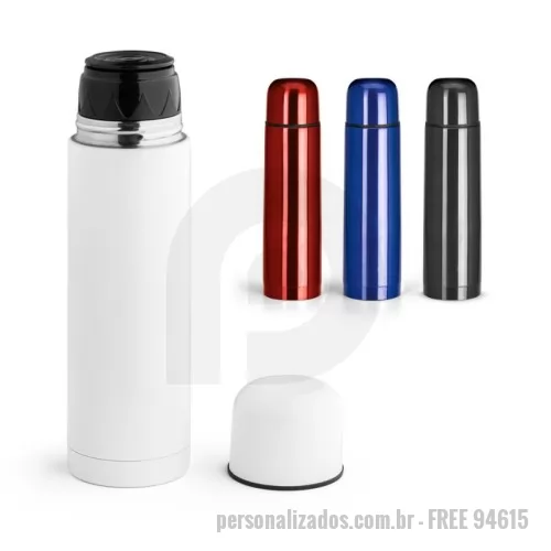 Garrafa térmica personalizada - Squeeze térmico em aço inox 500 mL Garrafa em aço inox de parede dupla térmica, isolada a vácuo. Tampa interior com sistema de botão abre e fecha dando maior isolamento e segurança contra vazamentos. O design da tampa vira um copo para que possa consumir a sua bebida preferida. Capacidade até 500 mL. Preserva as bebidas quentes por 12h e frias por 24h. Fornecida em caixa branca. Certificação EU Food Grade. ø70 x 245 mm