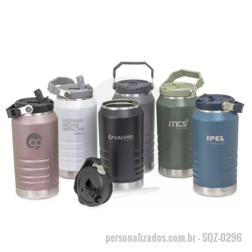 Garrafa térmica personalizada - Garrafa térmica feita em inox 304 com parede dupla, capacidade de 1,1 litros. Com alça para transporte, a tampa contém bico inclinável e canudo interno.