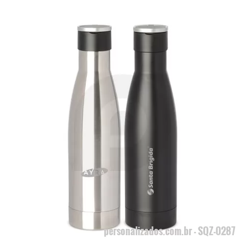 Garrafa térmica personalizada - Garrafa térmica em aço inox isolada a vácuo com parede dupla, tampa de plástico com alça de transporte de aço inoxidável. Com capacidade de até 500ml.