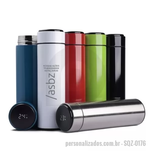 Garrafa térmica personalizada - Garrafa inox 500ml com parede dupla, infusor, e Display LED com termômetro digital na tampa para indicar a temperatura do líquido. Conserva temperatura quente ou fria.