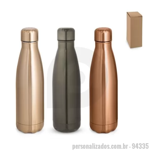 Garrafa térmica personalizada - Garrafa em aço inox de parede dupla térmica, isolada a vácuo. Garrafa com acabamento metalizado e tampa em aço inox. Todas as componentes da garrafa - tampa, corpo e base - na mesma cor. Capacidade até 510 mL. Fornecido em caixa presente de papel kraft