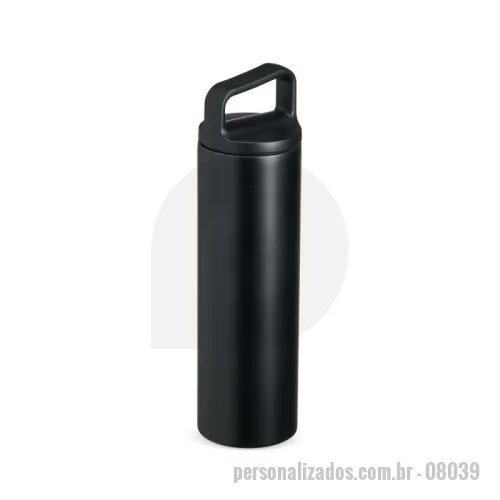 Garrafa térmica personalizada - Garrafa térmica em inox, com parede dupla e capacidade de 600ml. A tampa é plástica rosqueável e possui alça acoplada. Cores Disponíveis: Azul, Branco, Inox, Preto e Vermelho.