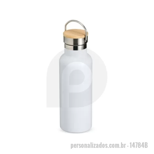Garrafa térmica personalizada - Garrafa de inox com capacidade de 500ml, tampa em inox com detalhe em bambu e alça de transporte. Cores Disponíveis: Branco, Inox e Preto.