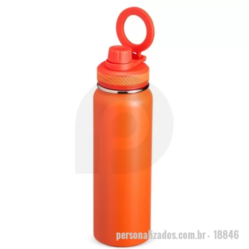 Garrafa térmica personalizada -  Agora ficou fácil aproveitar bebidas na temperatura ideal, gravar vídeos e assistir a séries. Com a Garrafa Térmica de 850ml em inox 304, é possível utilizá-la como tripé através de sua alça flexível, segura e magnética integrada à tampa. Basta posicionar o celular (compatível a partir do iPhone 12º geração) na alça e aproveitar. Além disso, sua tampa plástica rosqueável também possui uma proteção para o bocal, e sua alça versátil facilita o manuseio da garrafa térmica durante as caminhadas. Cores Disponíveis: Azul, Branco, Laranja e Preto.