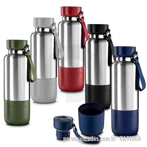 Garrafa térmica personalizada - Garrafa térmica em aço inox com parede dupla isolada a vácuo, capacidade de 500ml e cordão tipo mosquetão. Tampa rosqueável, vedada por um anel de silicone. Possui copo adicional rosqueável na parte inferior da garrafa. Parte superior da tampa acompanha um cordão adicional de 68cm para substituição. Permitindo uso do compartimento para pequenos objetos.