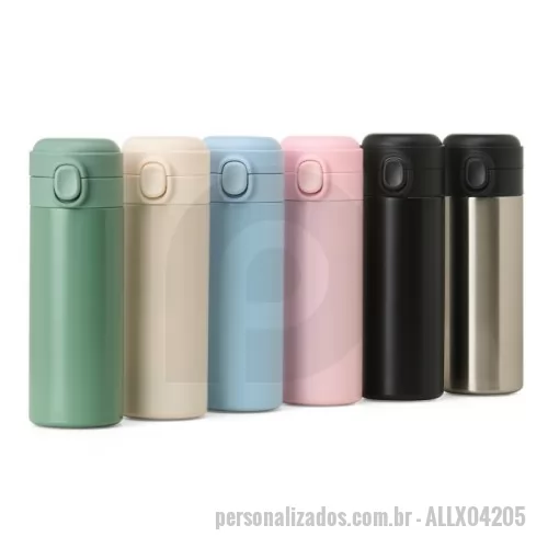Garrafa térmica personalizada -  Garrafa térmica em inox com parede dupla, capacidade de 400ml. Tampa com botão central para abertura e borracha interna para vedação.