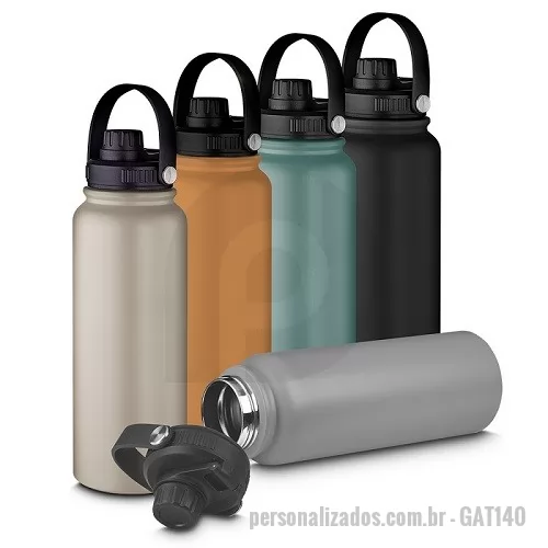Garrafa térmica personalizada -  Garrafa térmica em aço inox com parede dupla com capacidade de 1,2L, tampa rosqueável com alça plástica e anel de silicone para vedação. Dimensão Produto: 29,6xø9cm Peso do Produto: 0,507kg