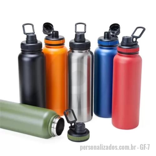 Garrafa térmica personalizada - Garrafa térmica feita em inox com parede dupla, capacidade de 1,2 litros. Tampa livre de BPA com alça para transporte e tampa de proteção para o bocal.